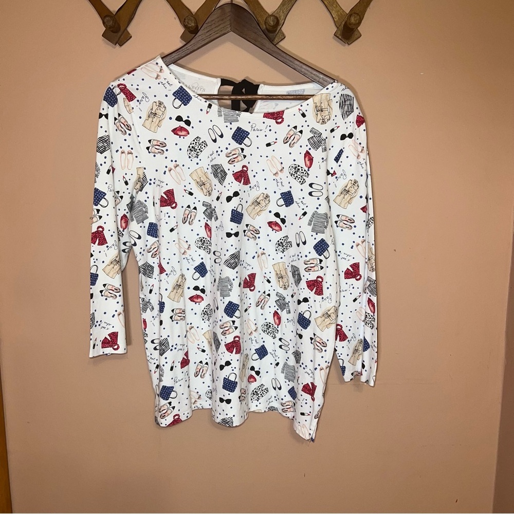 Talbots Paris Novelty Print 3/4 Length Sleeve Top with Bow Detail